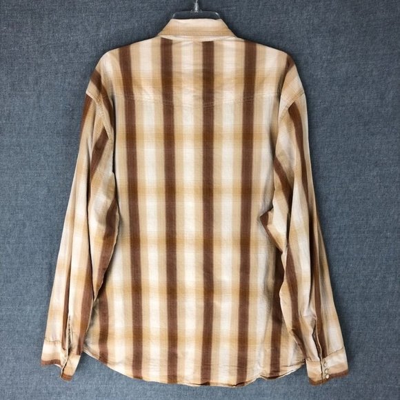 Buckle BKE 67 Pearl Snap Shirt 2XL XXL Long Sleeve Rockabilly Plaid Brown Men's - Picture 2 of 9